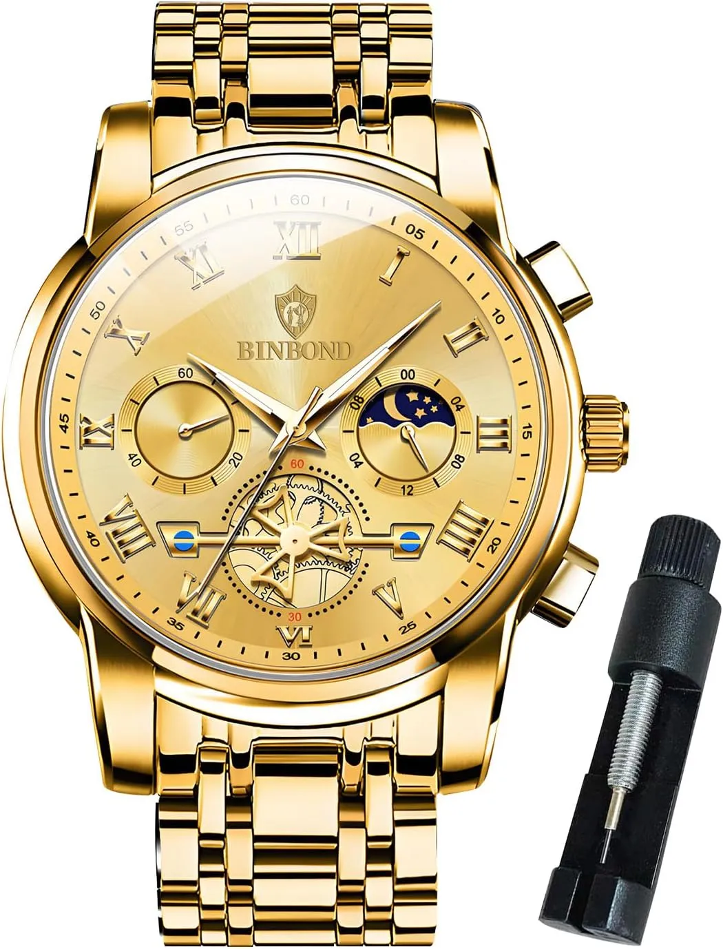 Business recipe uncrumple juniper Dress Stainless Steel Flywheel Multifunction Moon Phase Men Wrist Watch Waterproof Luminous Mens Watches Chronograph Luxury 