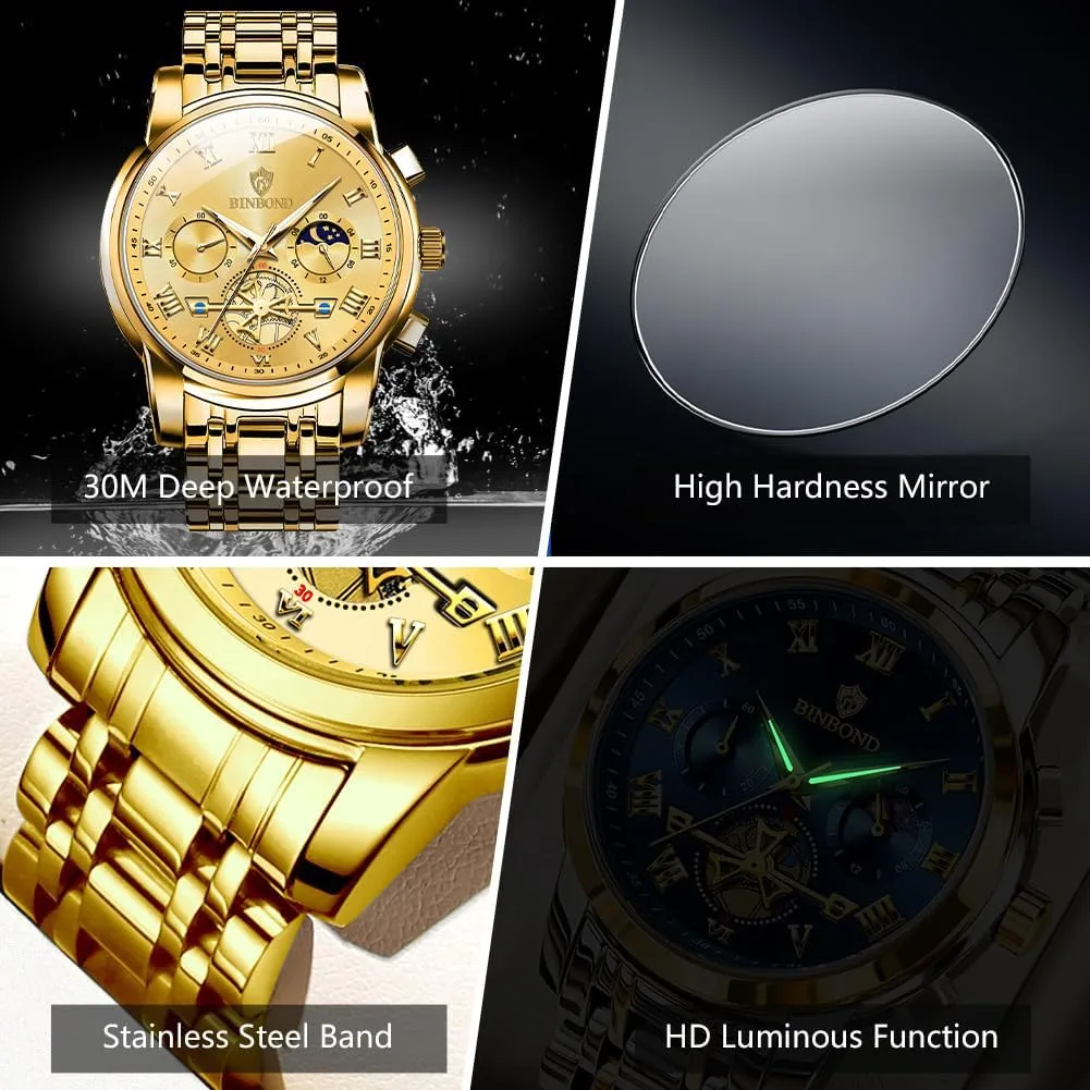 Business recipe uncrumple juniper Dress Stainless Steel Flywheel Multifunction Moon Phase Men Wrist Watch Waterproof Luminous Mens Watches Chronograph Luxury 