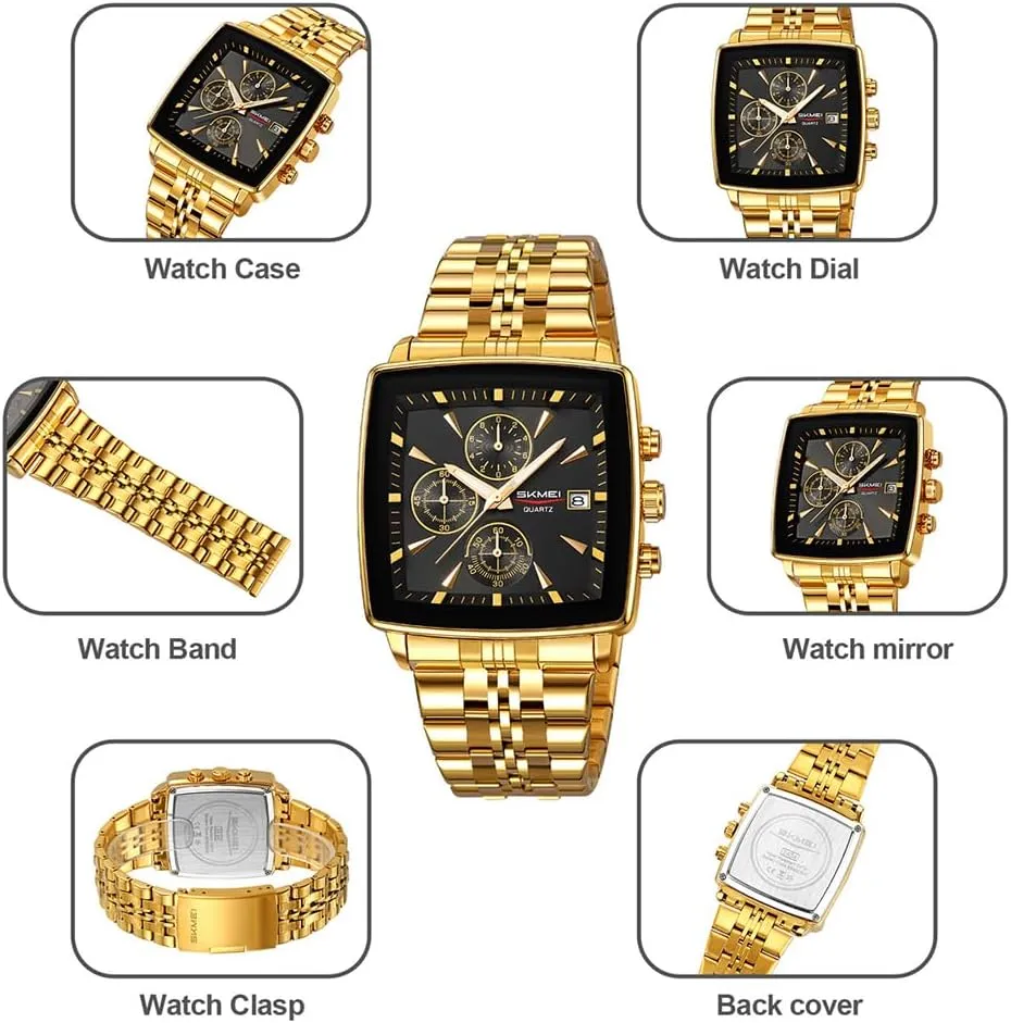 Business Stainless Dress Fashion Waterproof Luxury Analog Simple Large Big Face Fathers Dad channel iceberg Gifts Gold Black Wrist Watches SKMEI Square Watch for Men 