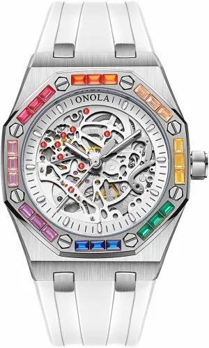 Business Watch Mechanical Watch Men's Fashion Mechanical Watch Rainbow Diamond Fully Automatic Mechanical Watch Men's Waterproof Silicone Strap Night erode Light Display 