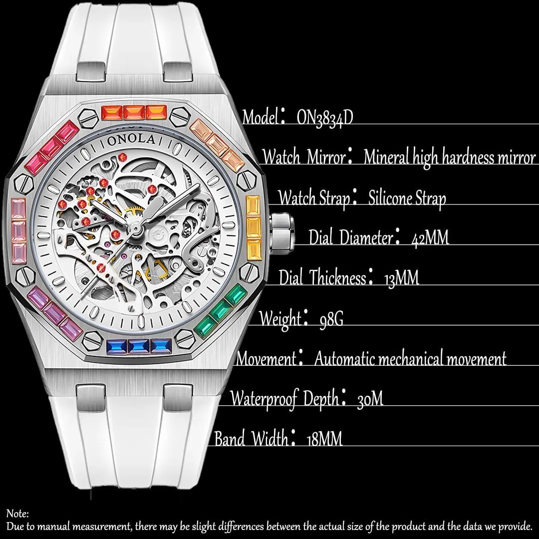 Business Watch Mechanical Watch Men's Fashion Mechanical Watch Rainbow Diamond Fully Automatic Mechanical Watch Men's Waterproof Silicone Strap Night erode Light Display 