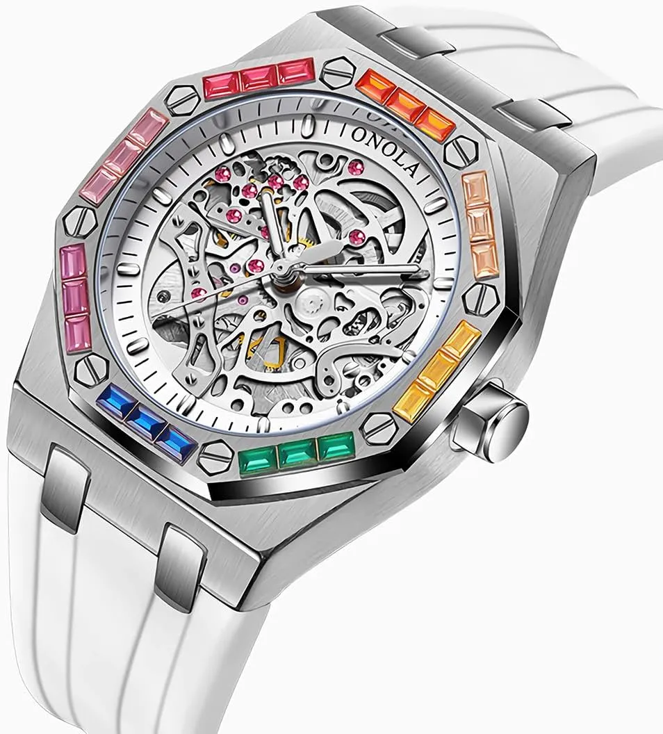 Business Watch Mechanical Watch Men's Fashion Mechanical Watch Rainbow Diamond Fully Automatic Mechanical Watch Men's Waterproof Silicone Strap Night erode Light Display 