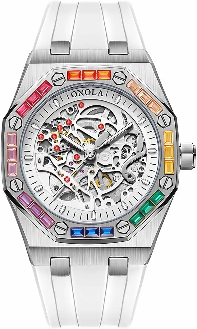 Business Watch Mechanical Watch Men's Fashion Mechanical Watch Rainbow Diamond Fully Automatic Mechanical Watch Men's Waterproof Silicone Strap Night erode Light Display 