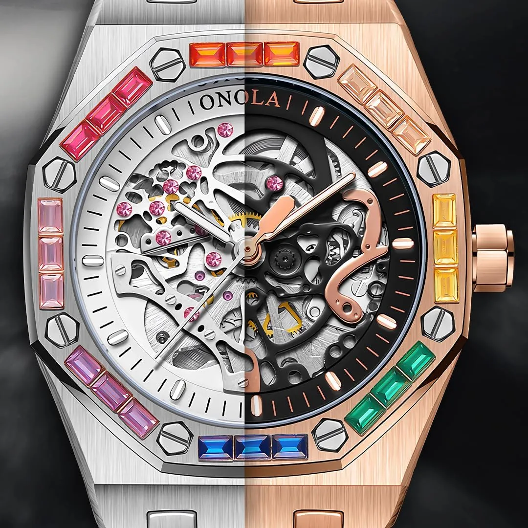 Business Watch Mechanical Watch Men's Fashion Mechanical Watch Rainbow Diamond Fully Automatic Mechanical Watch Men's Waterproof Silicone Strap Night erode Light Display 