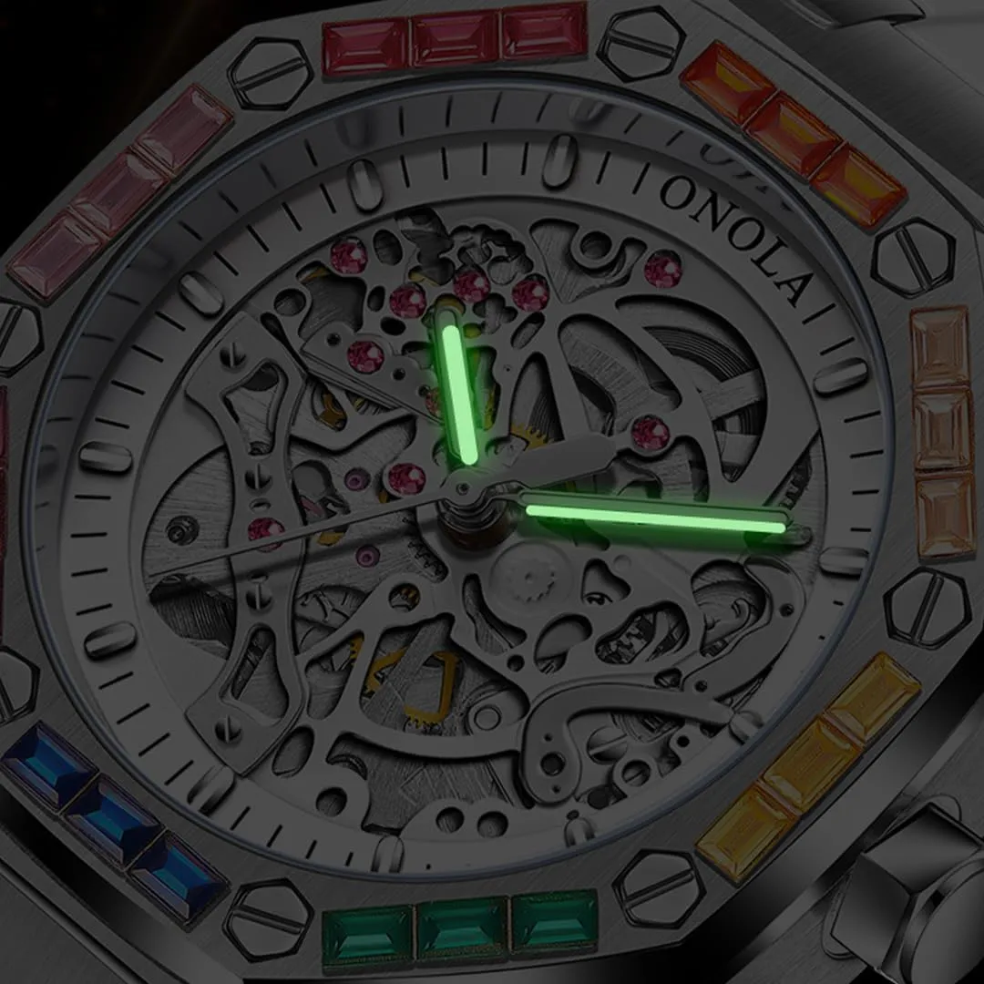 Business Watch Mechanical Watch Men's Fashion Mechanical Watch Rainbow Diamond Fully Automatic Mechanical Watch Men's Waterproof Silicone Strap Night erode Light Display 