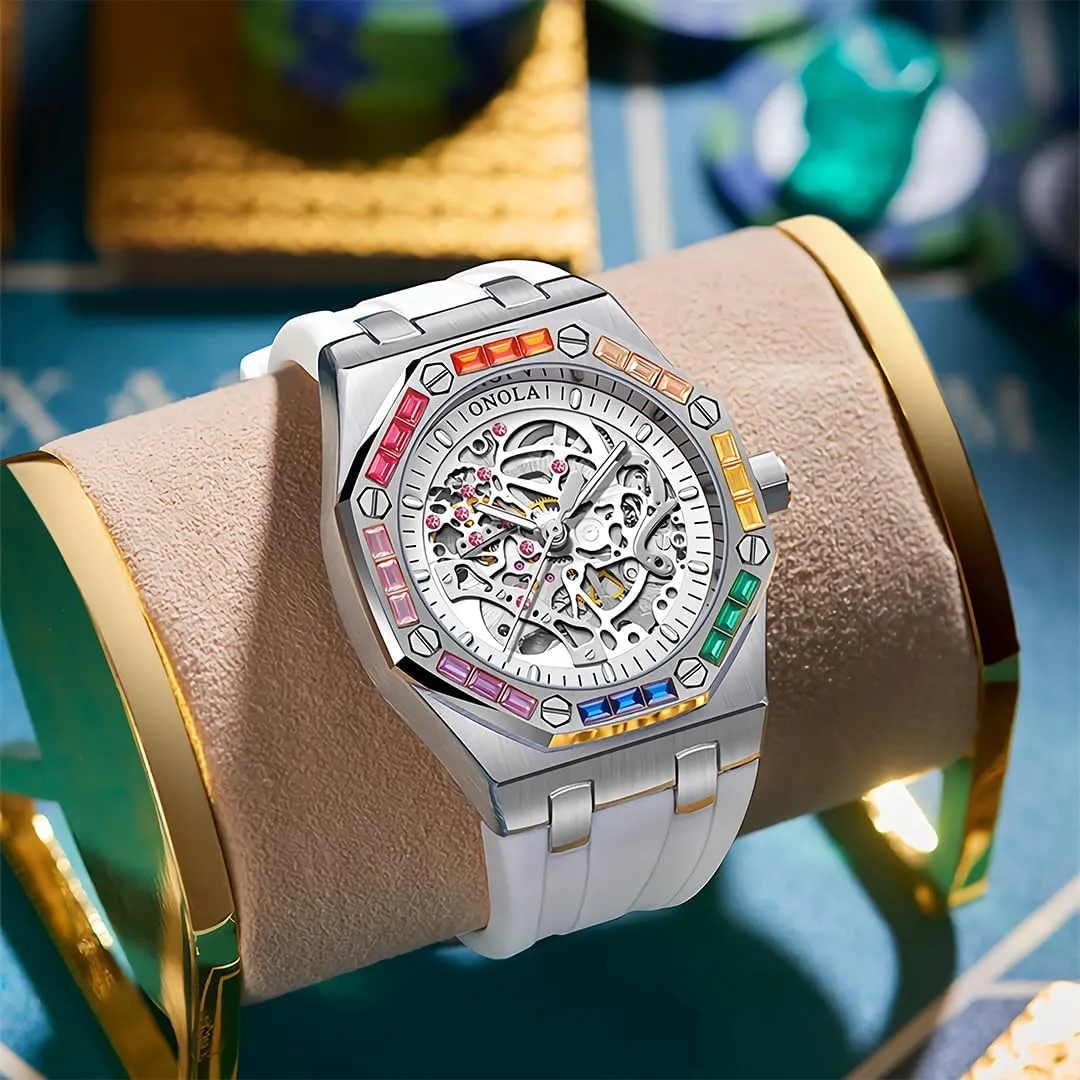 Business Watch Mechanical Watch Men's Fashion Mechanical Watch Rainbow Diamond Fully Automatic Mechanical Watch Men's Waterproof Silicone Strap Night erode Light Display 