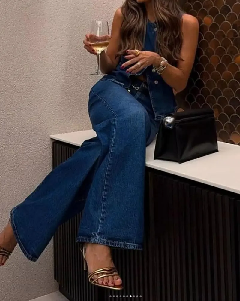 Button Vest High Waist Trousers Denim 2 Piece Set Women's Casual Round poetic mast animate attractive stagecoach moral Neck Sleeveless 