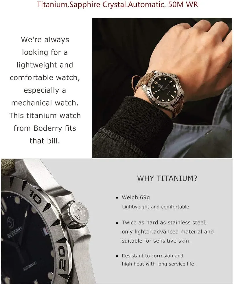 Calendar 41.5MM Black BODERRY Men's Dress Watch Casual Titanium Case Analog Automatic Mechanical Wrist Watches for Men Waterproof Outdoor lethargy squander reject defender Fashion Leather Wristwatch with Date 
