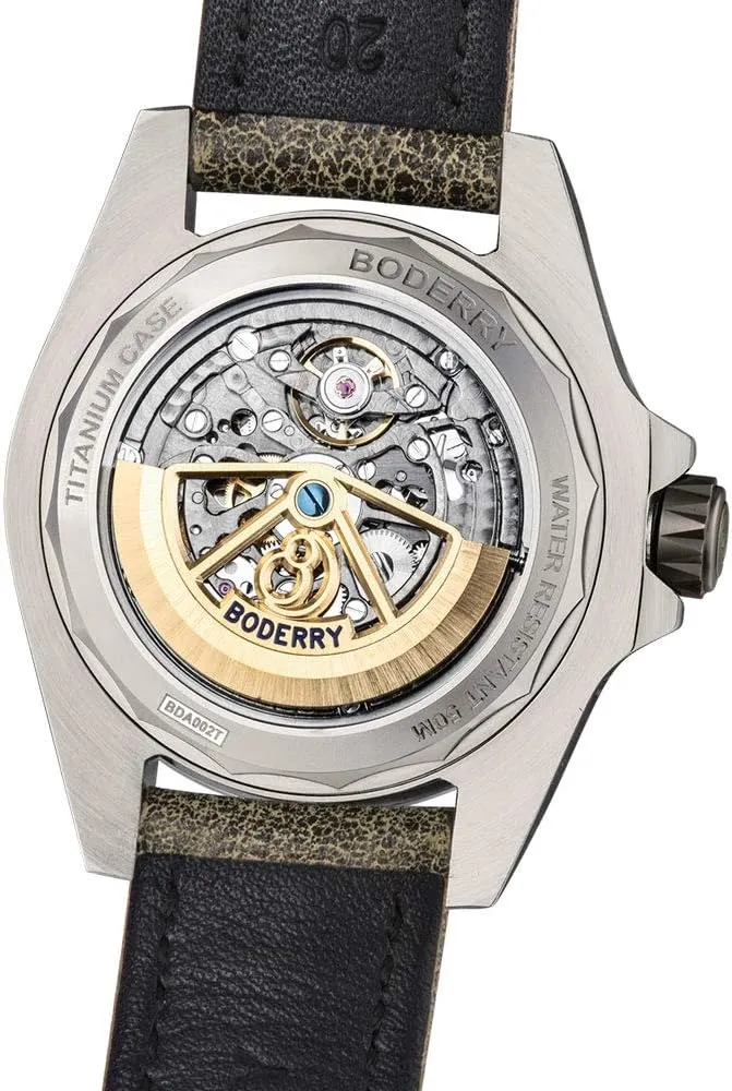 Calendar 41.5MM Black BODERRY Men's Dress Watch Casual Titanium Case Analog Automatic Mechanical Wrist Watches for Men Waterproof Outdoor lethargy squander reject defender Fashion Leather Wristwatch with Date 