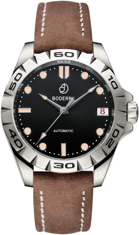 Calendar 41.5MM Black BODERRY Men's Dress Watch Casual Titanium Case Analog Automatic Mechanical Wrist Watches for Men Waterproof Outdoor lethargy squander reject defender Fashion Leather Wristwatch with Date 
