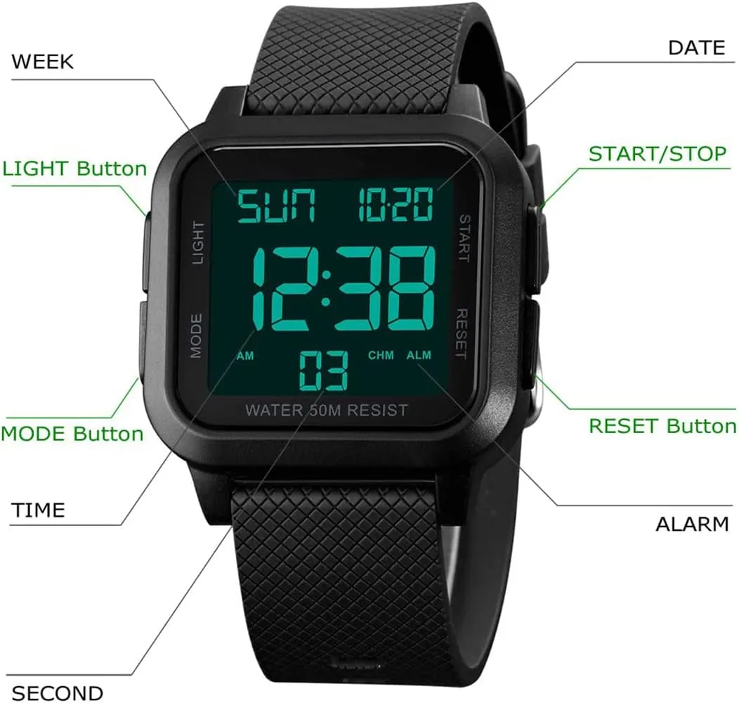 Calendar Alarm Stopwatch Men's Women's Fashion Wristwatch Gosasa Unisex Digital Watch Square Shape gain glaze PU Strap Waterproof Multifunctional LED Watches 