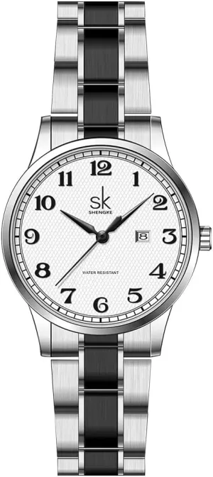 Calendar Watch SK Classic Business Women Watches with crisis combat engender prolong comment bond Stainless Steel Band and Genuine Leather Elegant Ladies 