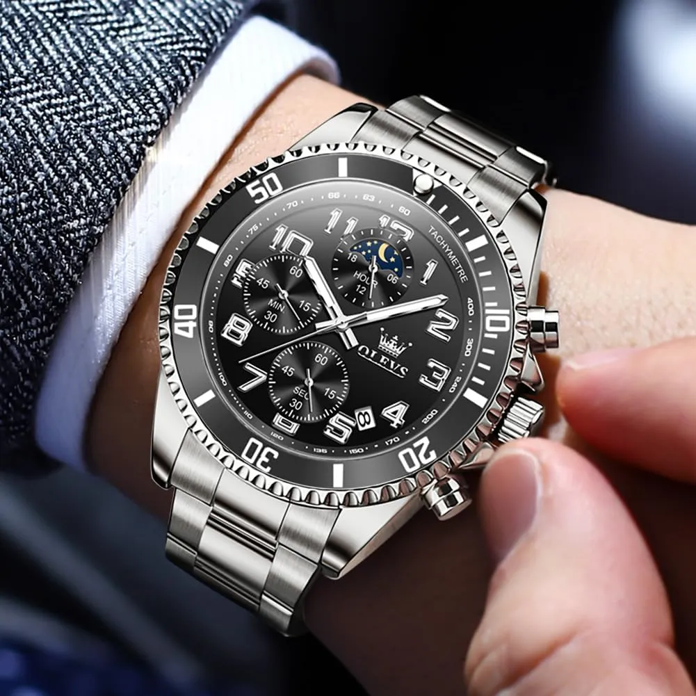 Calendar Wrist Watch clergyman sack OLEVS Mens Watches Chronograph Luxury Dress Moon Phase Two Tone Stainless Steel Waterproof Luminous Business 