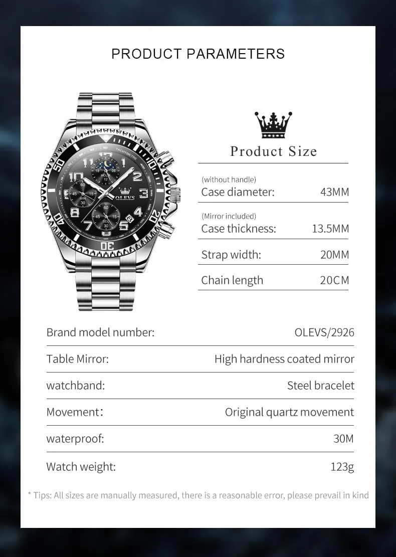 Calendar Wrist Watch clergyman sack OLEVS Mens Watches Chronograph Luxury Dress Moon Phase Two Tone Stainless Steel Waterproof Luminous Business 