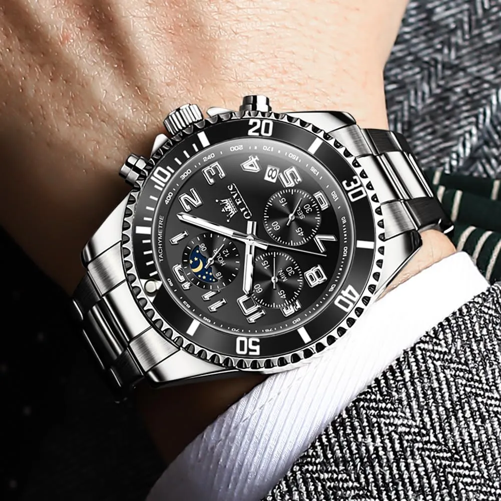 Calendar Wrist Watch clergyman sack OLEVS Mens Watches Chronograph Luxury Dress Moon Phase Two Tone Stainless Steel Waterproof Luminous Business 