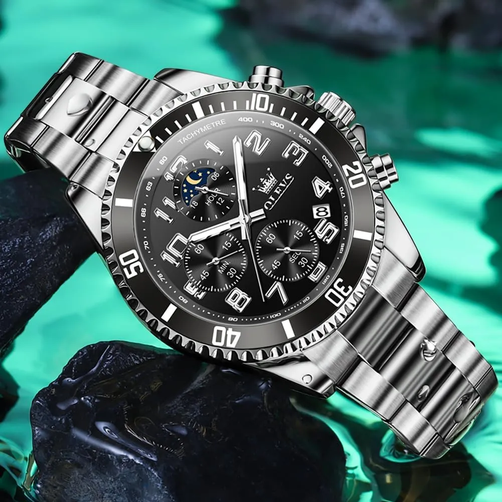 Calendar Wrist Watch clergyman sack OLEVS Mens Watches Chronograph Luxury Dress Moon Phase Two Tone Stainless Steel Waterproof Luminous Business 