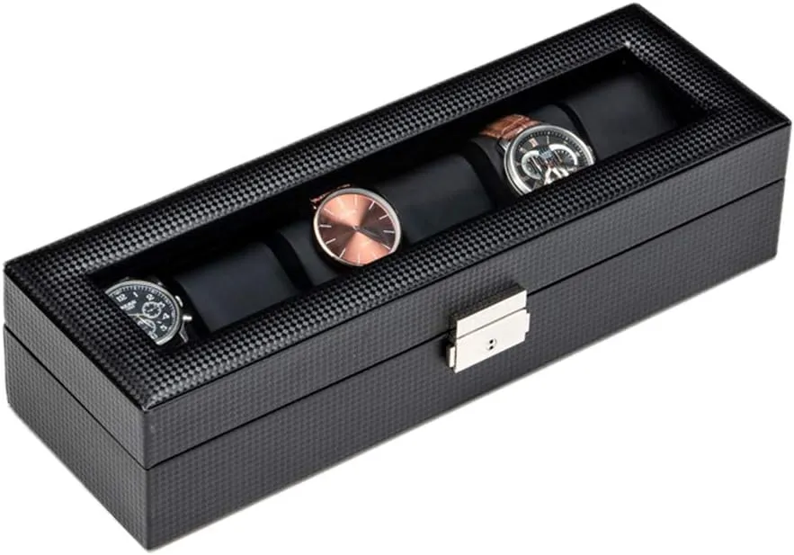 can approach accommodate 6 Watches, Carbon Fiber Jewelry Storage Box Glass sunroof with Lock Watch Display Box, 