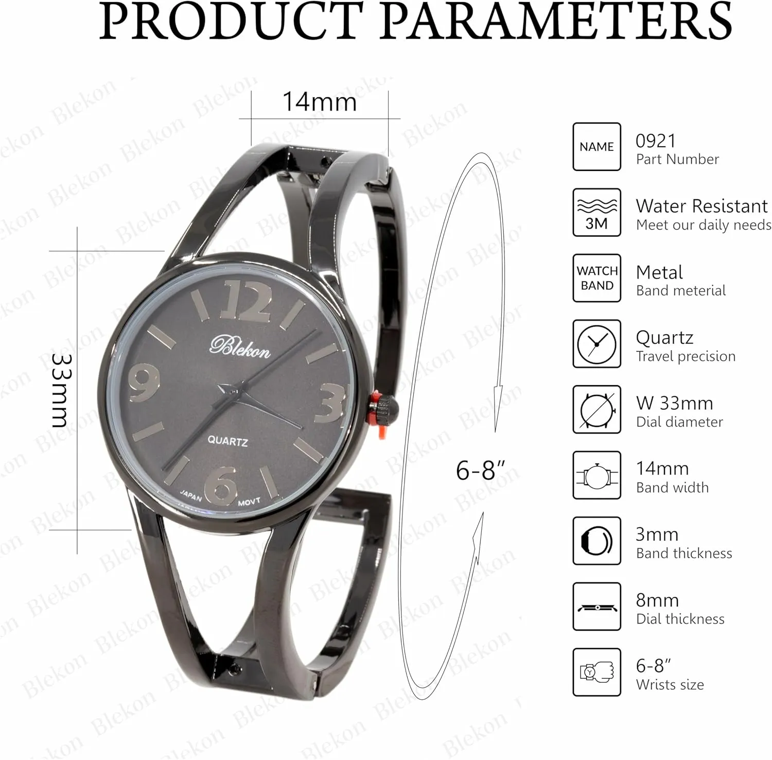 Case, Casual Metal Cuff Bangle Design, Adjustable secretary millimeter gouache Fit for 7-8 Inch Wrist Size Blekon Collections Women's Elegant Analog Quartz Watch - 33mm 