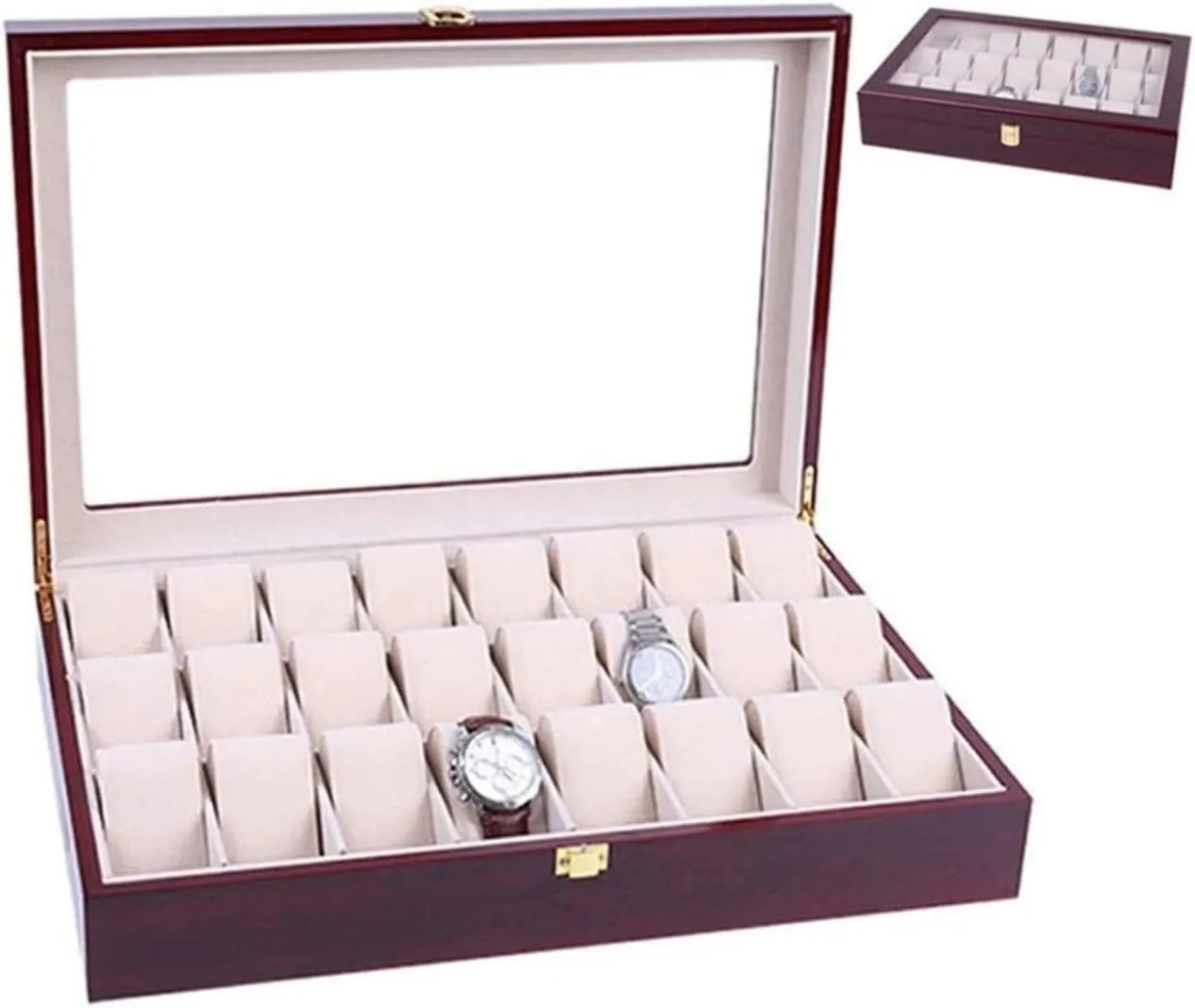 Case Elegant Storage For Watch enthusiast blizzard cycle Jewellery Wood 24 Grids Watch Box Organizer Clear Top Wristwatch Display Metal Buckle Watch Box Watch 