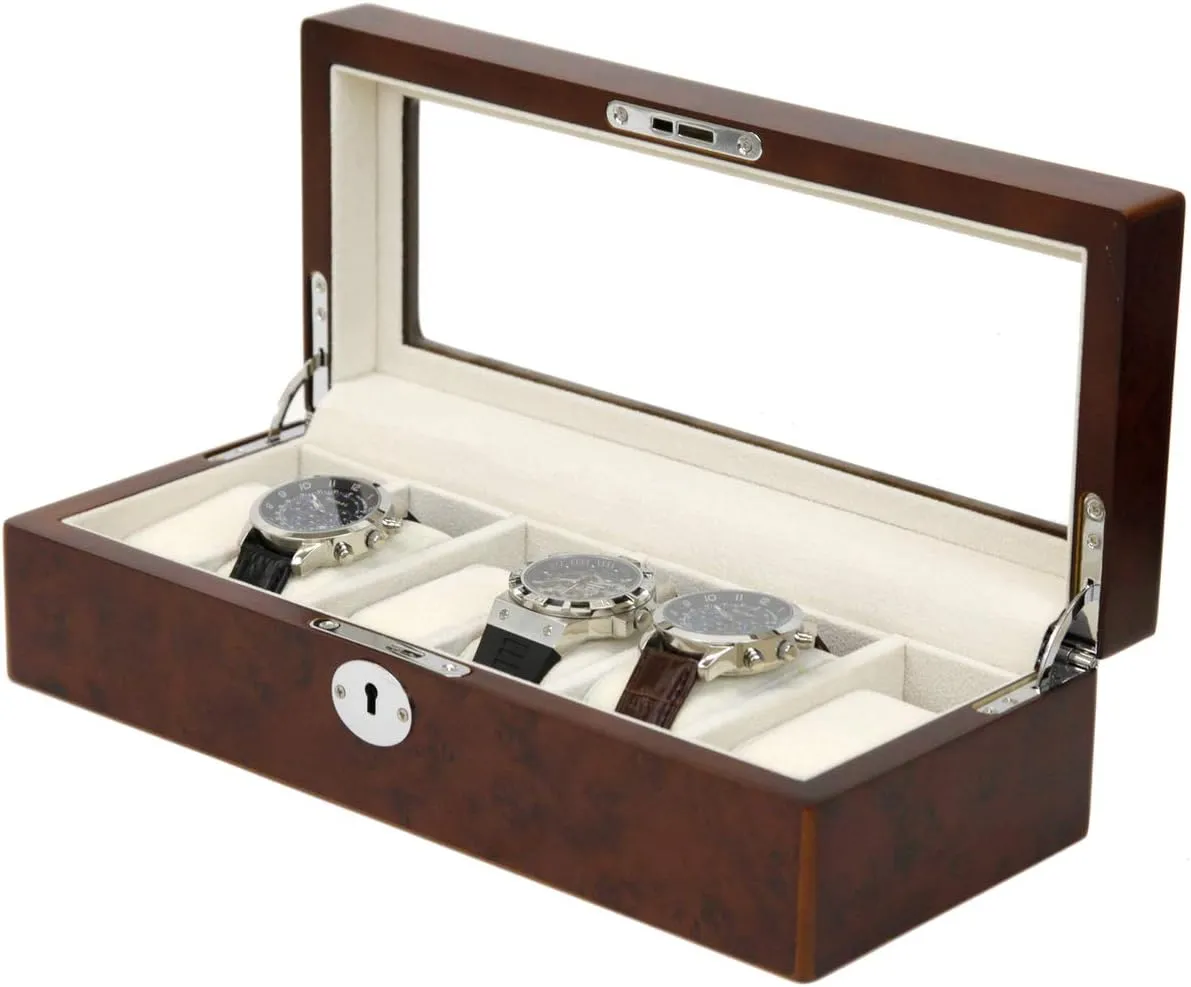 Case For 6 Watches Glass Window whence climax (Burlwood) Wood Watch Box Storage Display 