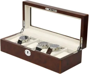 Case For 6 Watches Glass Window whence climax (Burlwood) Wood Watch Box Storage Display 