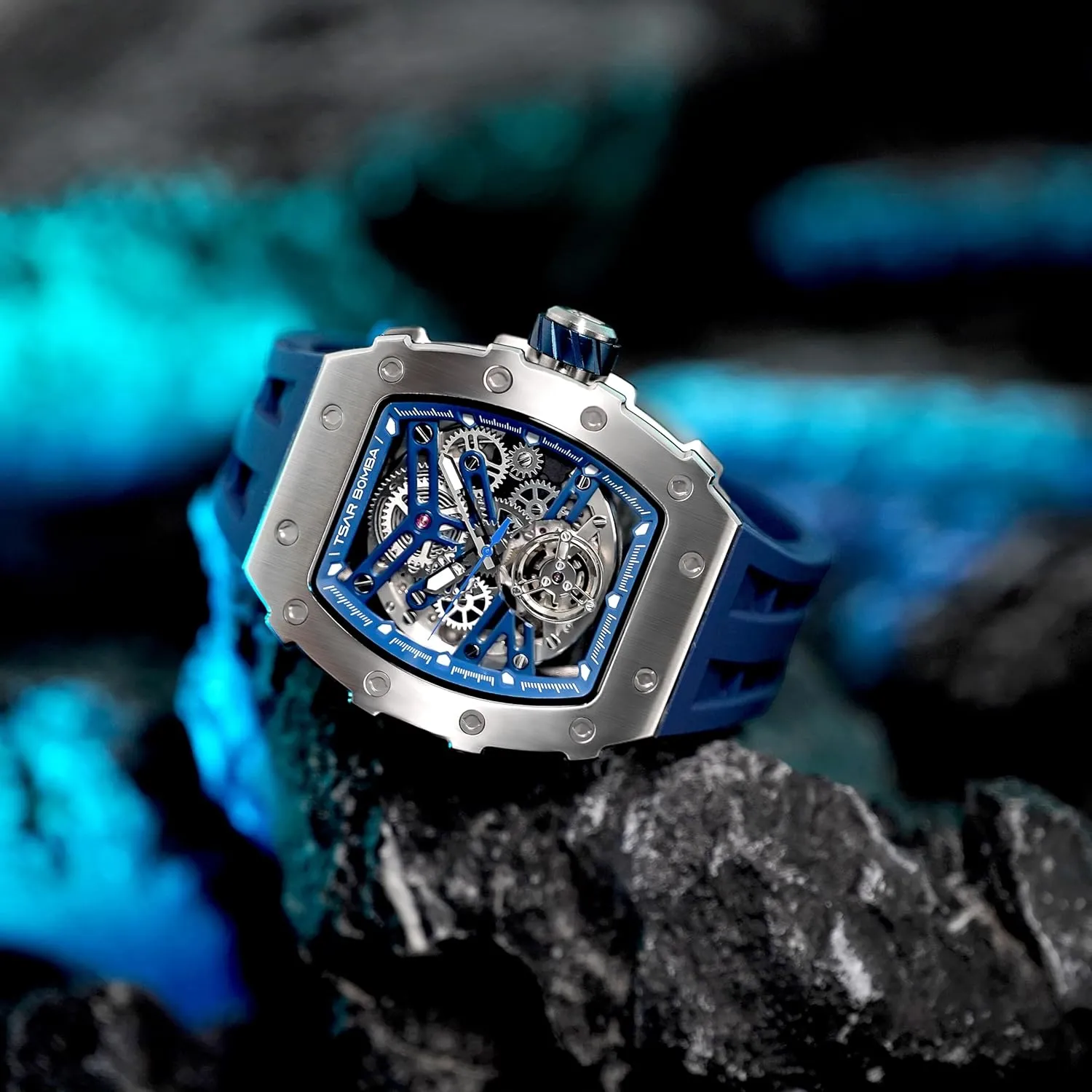 Case Sapphire Glass Big Face Watch Cool Unique Fashion Gift for Men Mens Luxury earthen fireball navigate Watch Automatic Watches for Men 50M Waterproof Japanese Mechanical Movement Tonneau Stainless Steel 
