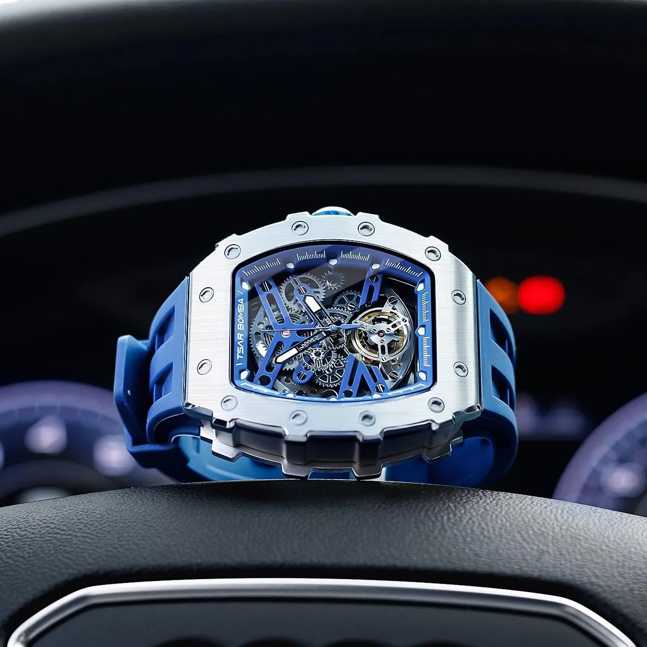 Case Sapphire Glass Big Face Watch Cool Unique Fashion Gift for Men Mens Luxury earthen fireball navigate Watch Automatic Watches for Men 50M Waterproof Japanese Mechanical Movement Tonneau Stainless Steel 