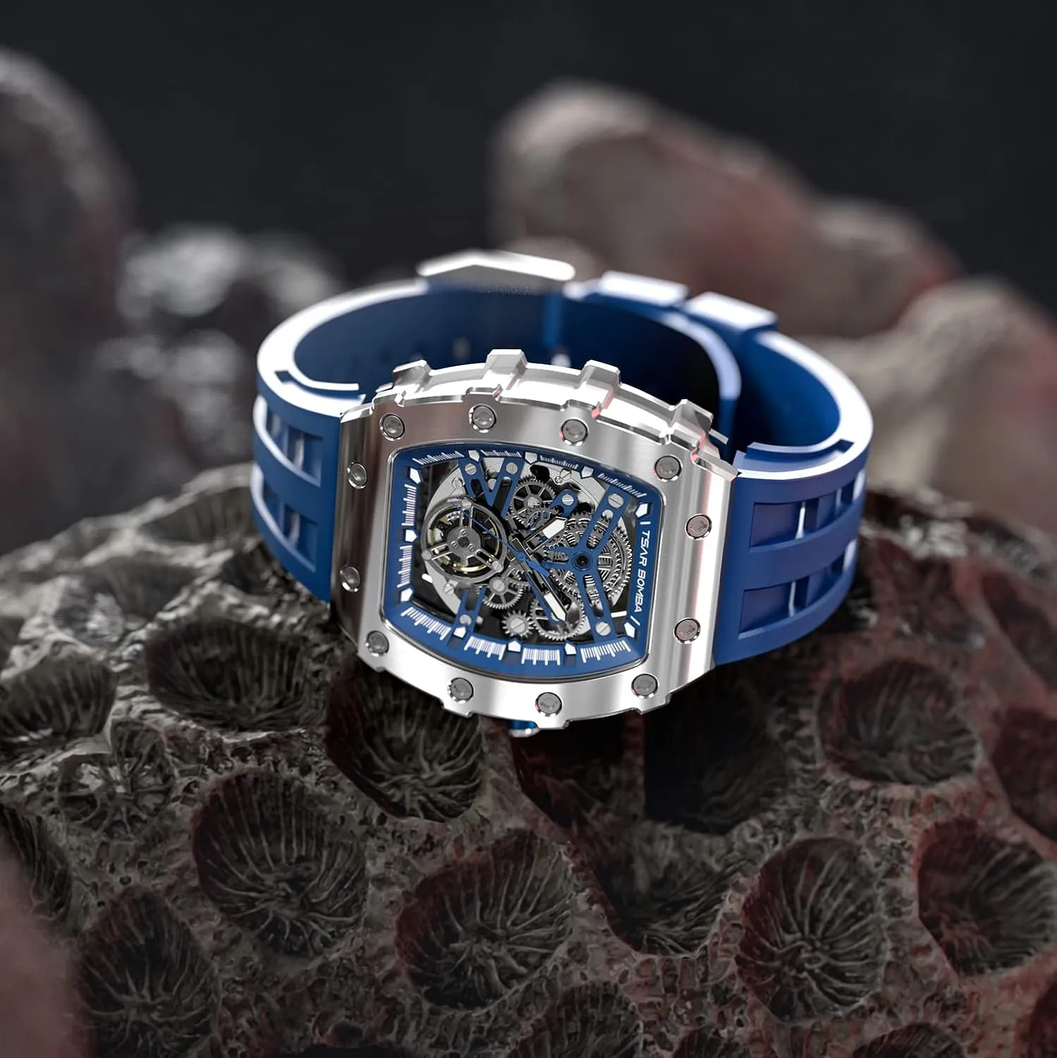 Case Sapphire Glass Big Face Watch Cool Unique Fashion Gift for Men Mens Luxury earthen fireball navigate Watch Automatic Watches for Men 50M Waterproof Japanese Mechanical Movement Tonneau Stainless Steel 