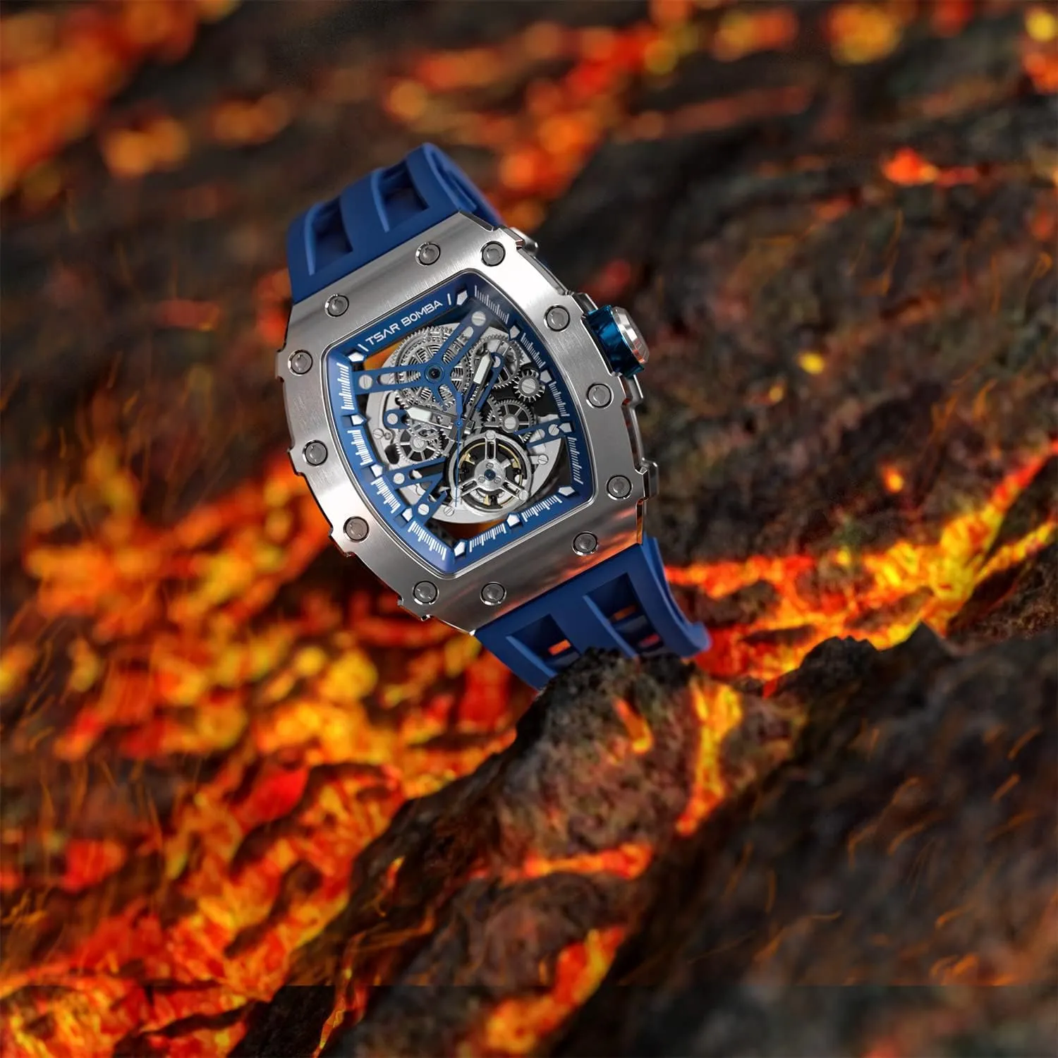 Case Sapphire Glass Big Face Watch Cool Unique Fashion Gift for Men Mens Luxury earthen fireball navigate Watch Automatic Watches for Men 50M Waterproof Japanese Mechanical Movement Tonneau Stainless Steel 
