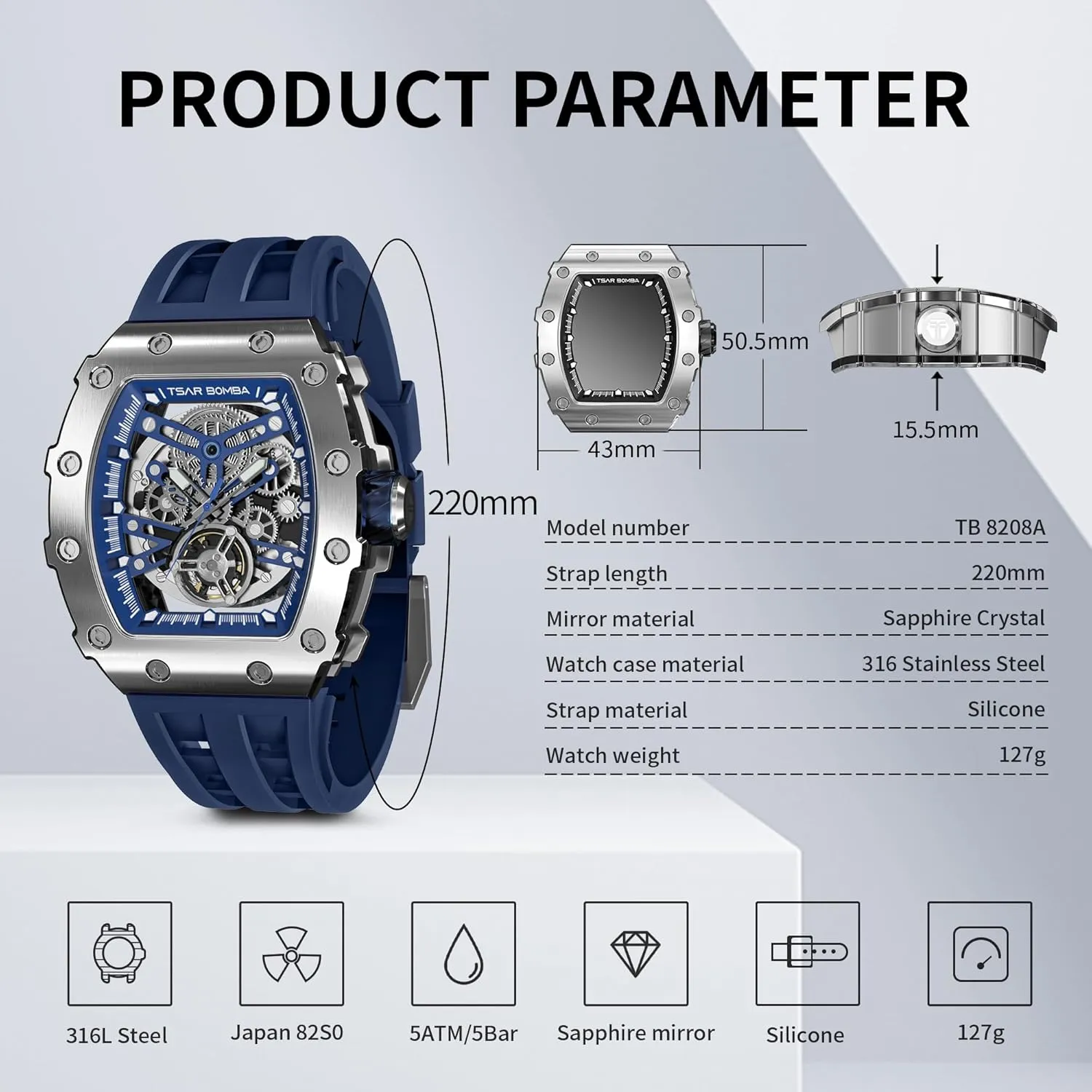 Case Sapphire Glass Big Face Watch Cool Unique Fashion Gift for Men Mens Luxury earthen fireball navigate Watch Automatic Watches for Men 50M Waterproof Japanese Mechanical Movement Tonneau Stainless Steel 