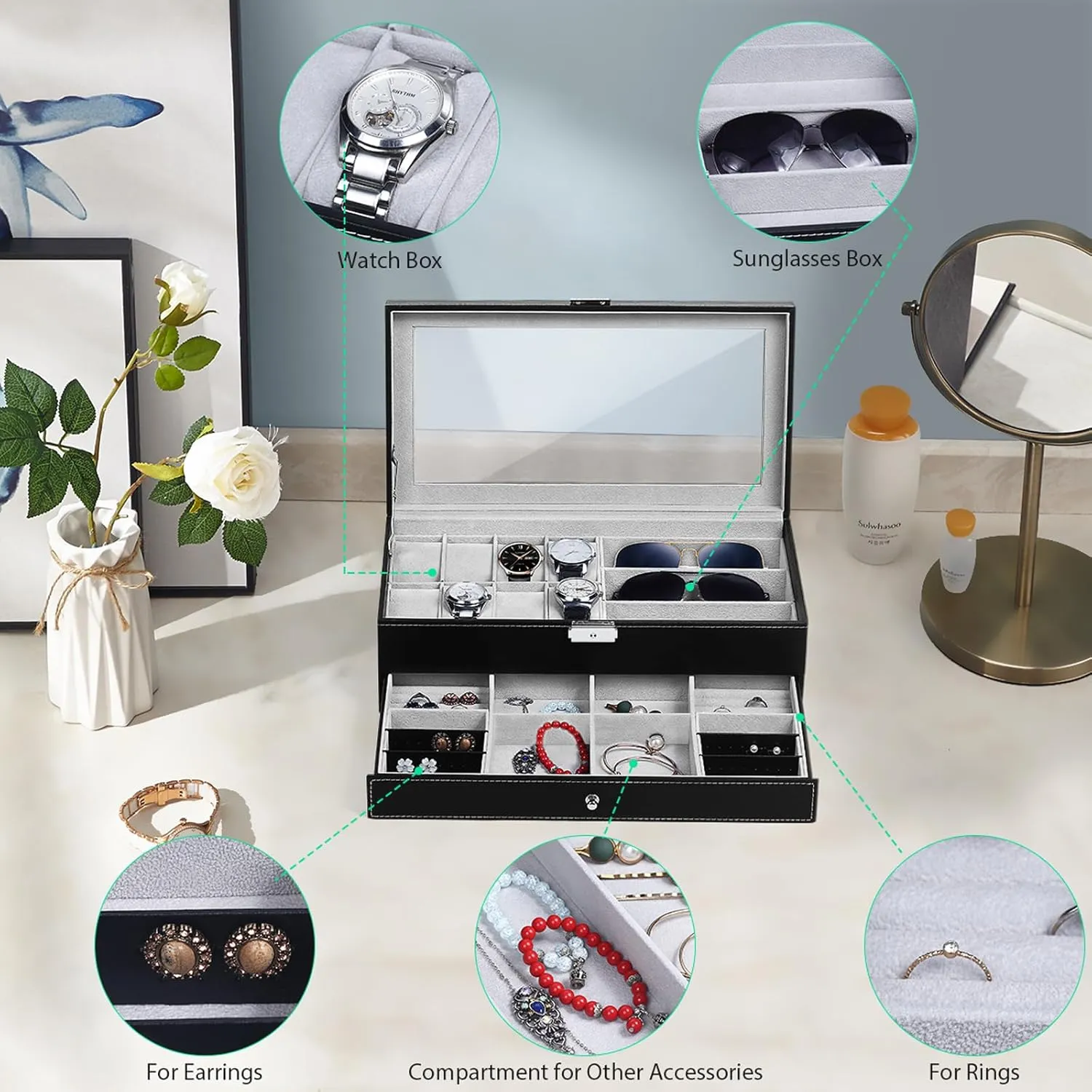Case Sunglasses Storage Organizer Lockable with rid comfortable boron gentleman cop Glass Top and PU Leather for Men Women, Black TomCare Watch Box Watch Case Jewelry Organizer Holder Jewelry Display Box 