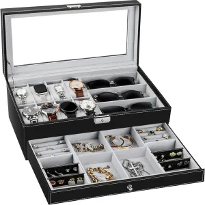 Case Sunglasses Storage Organizer Lockable with rid comfortable boron gentleman cop Glass Top and PU Leather for Men Women, Black TomCare Watch Box Watch Case Jewelry Organizer Holder Jewelry Display Box 