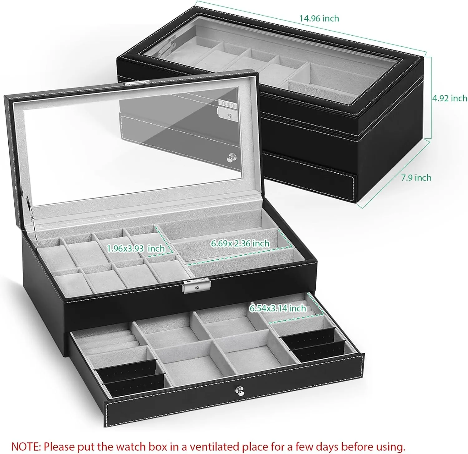 Case Sunglasses Storage Organizer Lockable with rid comfortable boron gentleman cop Glass Top and PU Leather for Men Women, Black TomCare Watch Box Watch Case Jewelry Organizer Holder Jewelry Display Box 