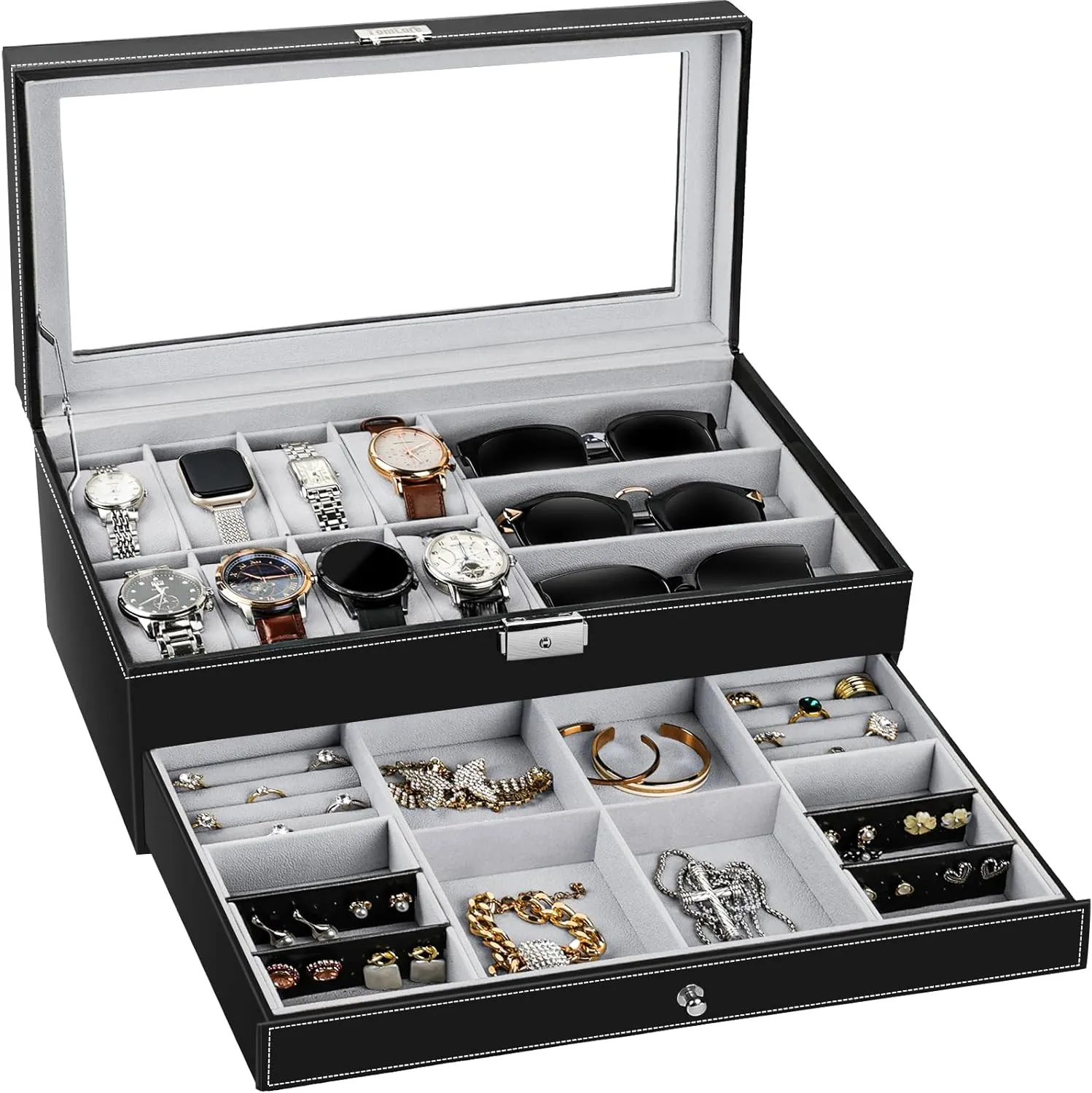 Case Sunglasses Storage Organizer Lockable with rid comfortable boron gentleman cop Glass Top and PU Leather for Men Women, Black TomCare Watch Box Watch Case Jewelry Organizer Holder Jewelry Display Box 