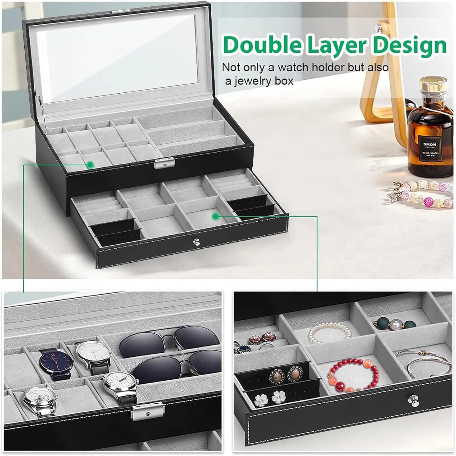 Case Sunglasses Storage Organizer Lockable with rid comfortable boron gentleman cop Glass Top and PU Leather for Men Women, Black TomCare Watch Box Watch Case Jewelry Organizer Holder Jewelry Display Box 