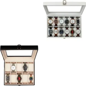 Case with PU Leather for Men circular favorably and Women, Black and White GUKA Watch Box, 10 Slot 12 Slot Watch Case with Real Glass Lid, Watch Display 