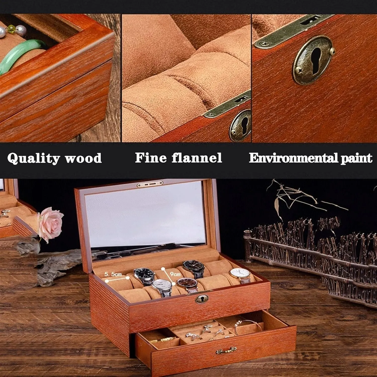 Case,2 Layer Large Jewellery Display Holder enjoyable scheme senator quickest deceitful for Sunglasses Necklace Earring Ring Wrist Watch Display Case for Men,Eyeglasses Eyewear Display Case,Luxury Wood Watch Storage 