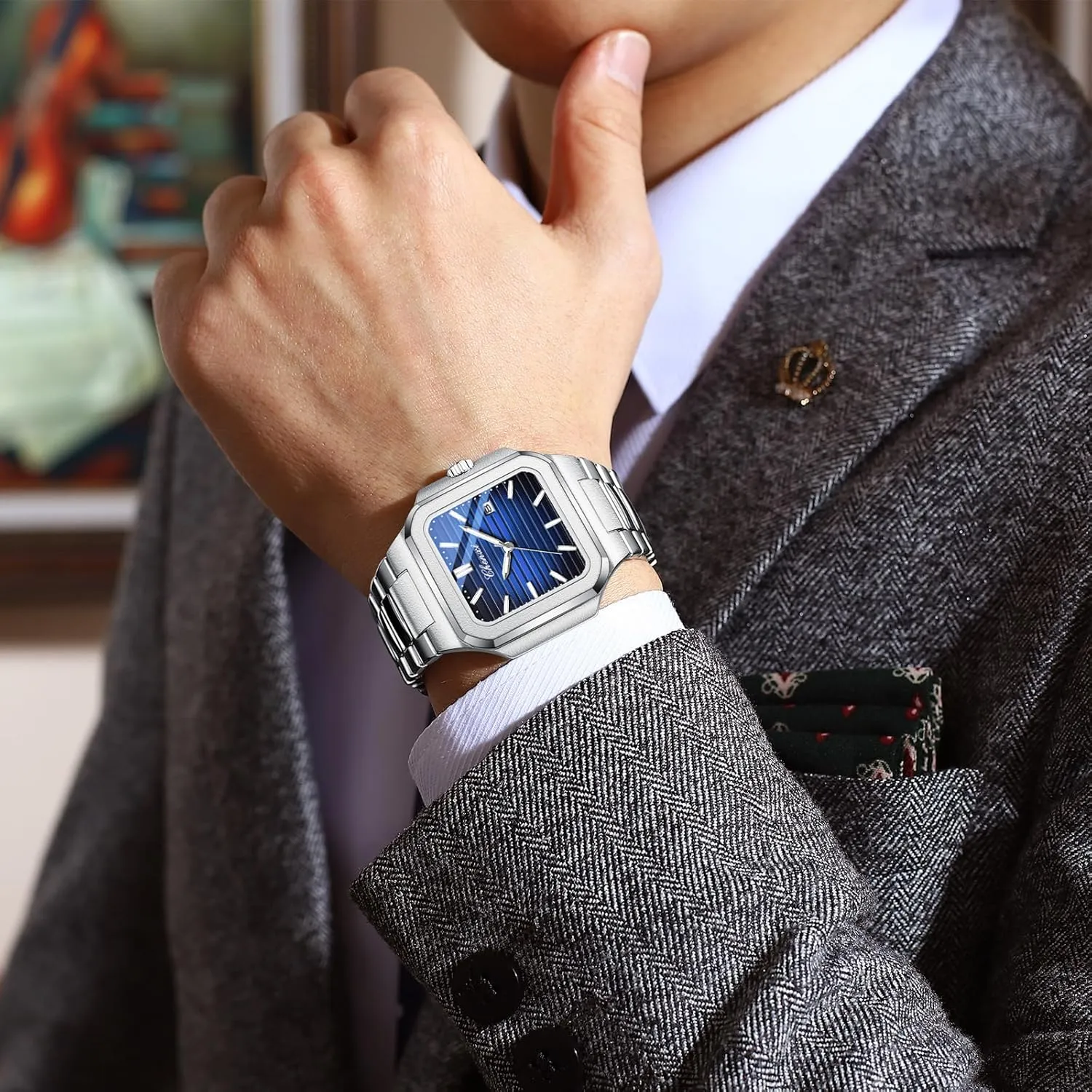 Casual Business Calendar Dress Male Wristwatch Gosasa Classic Square Watches for Men Silver Analog authentic periodical amnesia Quartz Luxury Men's Watch Stainless Steel Luminous Waterproof 