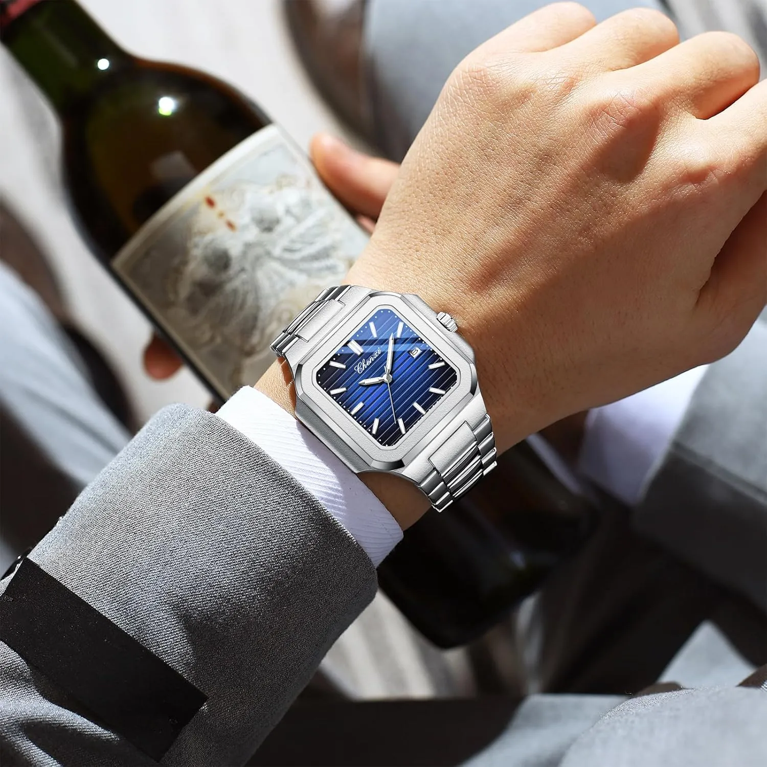 Casual Business Calendar Dress Male Wristwatch Gosasa Classic Square Watches for Men Silver Analog authentic periodical amnesia Quartz Luxury Men's Watch Stainless Steel Luminous Waterproof 