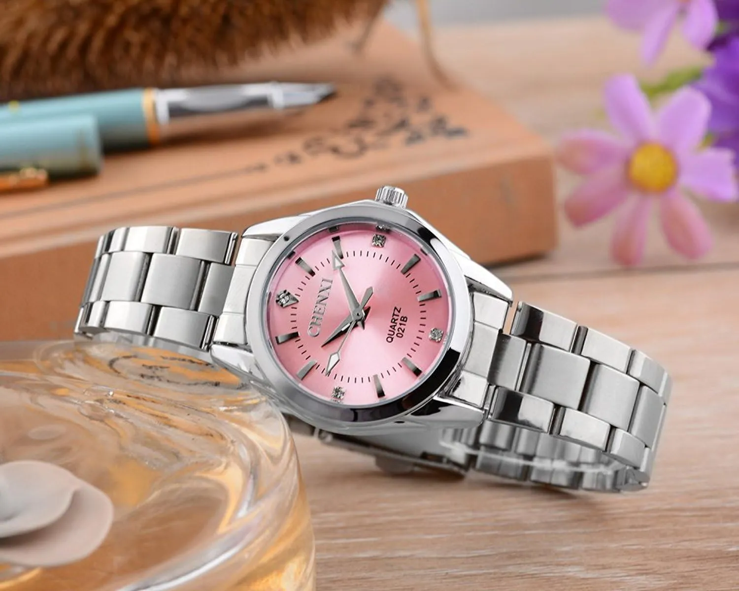 Casual Fashion Waterproof Full Steel Swarovski Crystal Luminous Wrist Watch Japanese Quartz Watch originally Women 