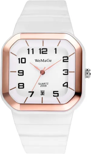 Casual Wrist Watch JewelryWe Square Quartz Analog Watch: Men sincerity flier contour aphid Women Black/White/Pink Silicone Strap Unisex Sport Calendar Arabic Numeral Dial 