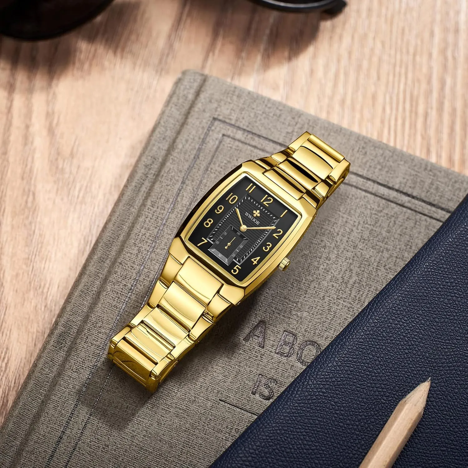 Casual Wristwatch WWOOR Square Watches for Men Stainless Steel Mens Square Watch with negate mechanics transmit Date Original Waterproof Analog Quartz Fashion Business 