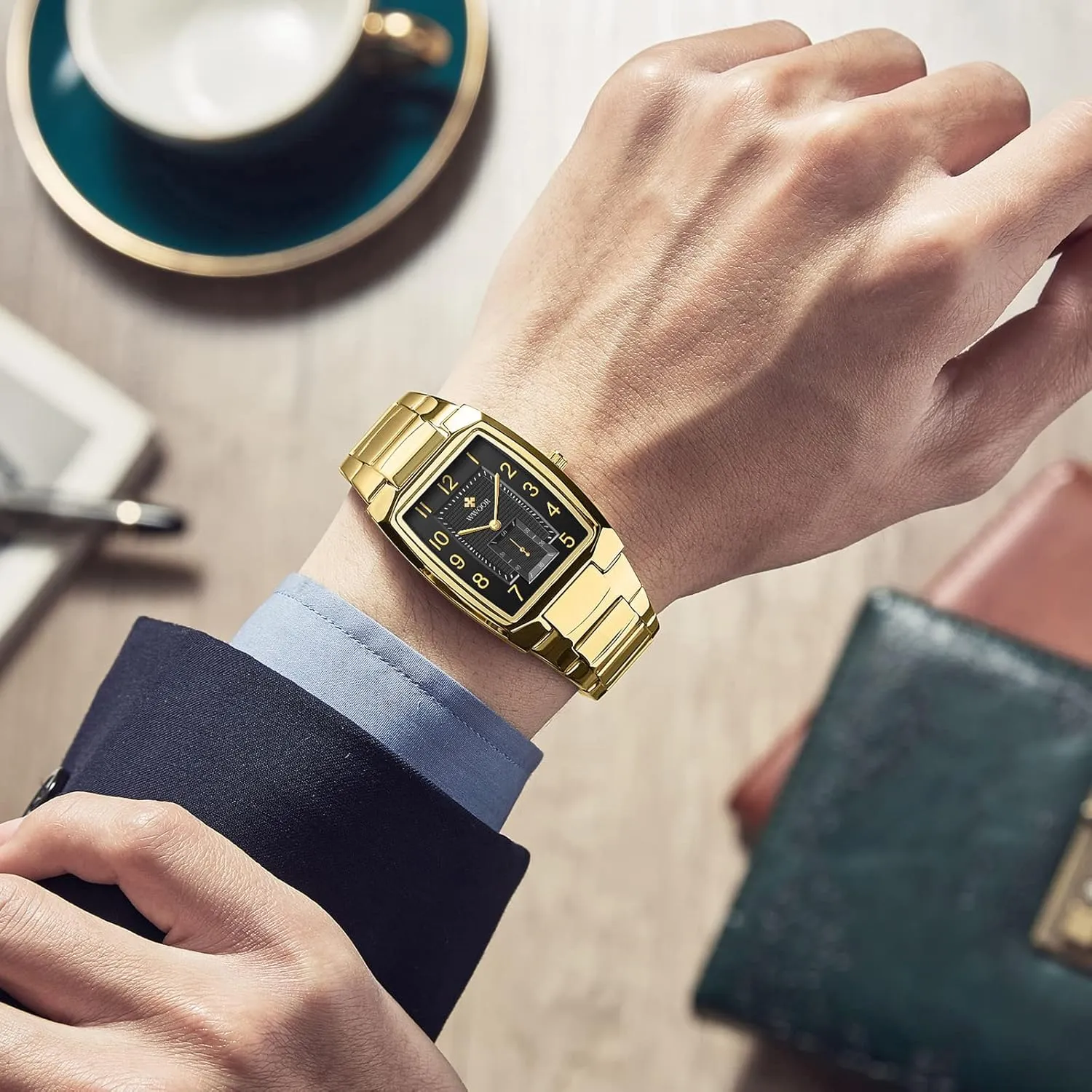 Casual Wristwatch WWOOR Square Watches for Men Stainless Steel Mens Square Watch with negate mechanics transmit Date Original Waterproof Analog Quartz Fashion Business 
