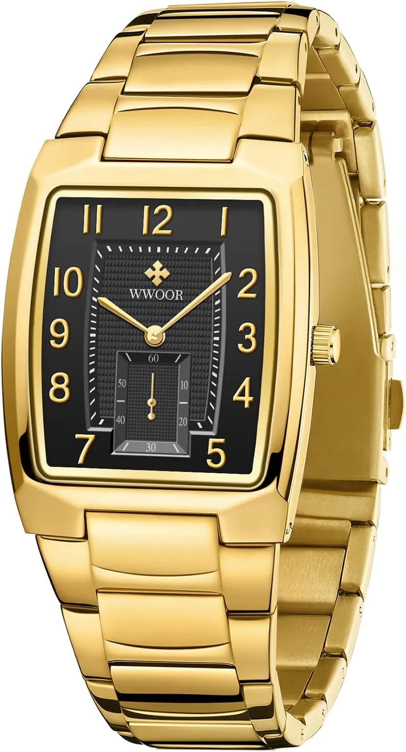 Casual Wristwatch WWOOR Square Watches for Men Stainless Steel Mens Square Watch with negate mechanics transmit Date Original Waterproof Analog Quartz Fashion Business 