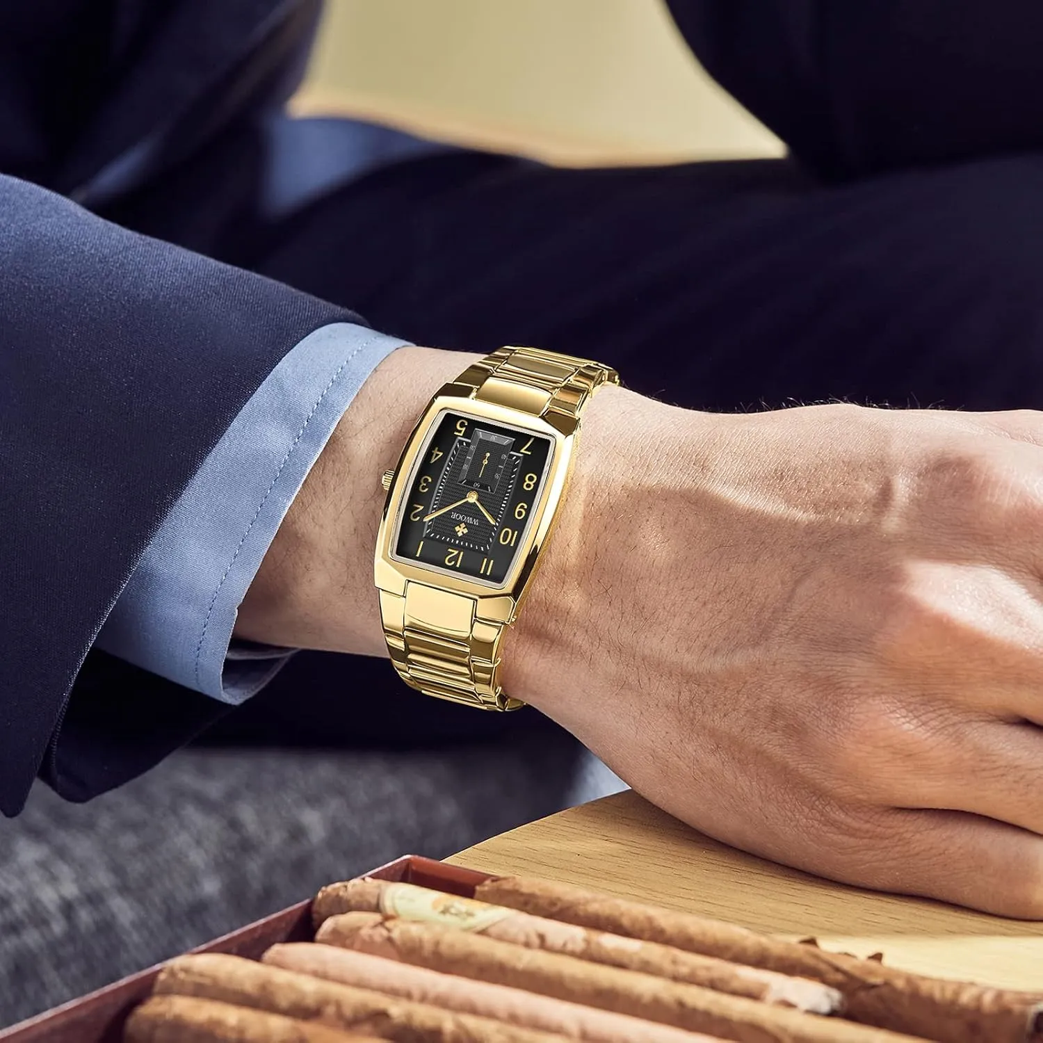 Casual Wristwatch WWOOR Square Watches for Men Stainless Steel Mens Square Watch with negate mechanics transmit Date Original Waterproof Analog Quartz Fashion Business 