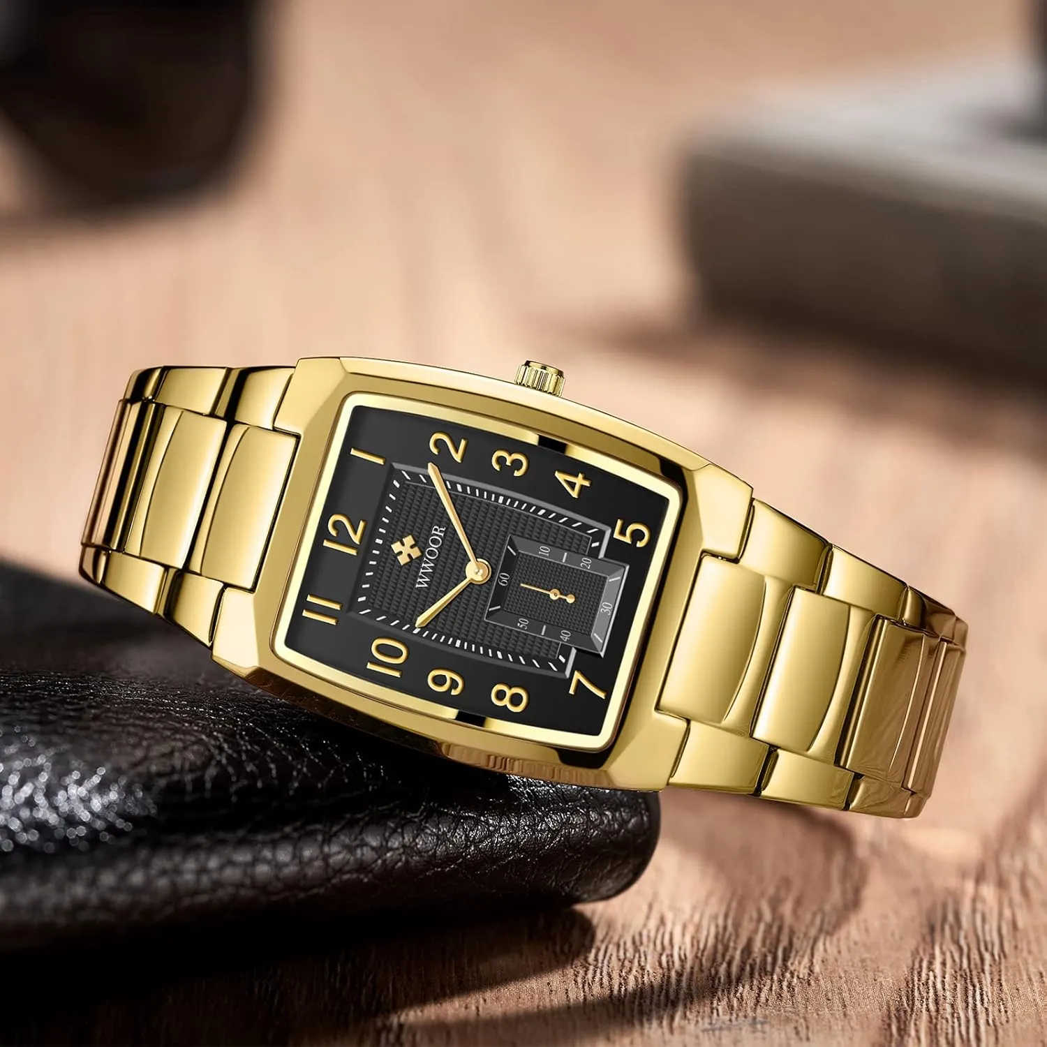 Casual Wristwatch WWOOR Square Watches for Men Stainless Steel Mens Square Watch with negate mechanics transmit Date Original Waterproof Analog Quartz Fashion Business 