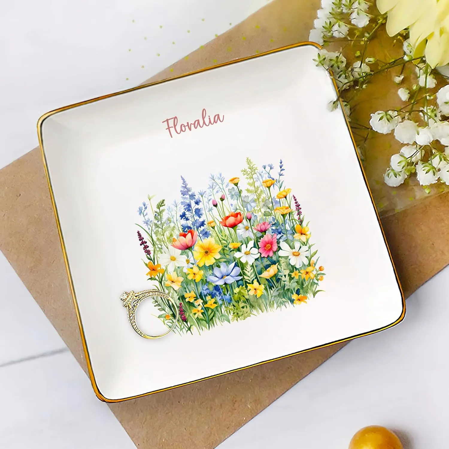 Ceramic Trinket Tray, Dish, Plate for Ring, Earring, Bracelet - Gift Mothers Day, Birthday, Christmas V2 Gossby Personalized Jewelry Tray - Gift for Women, Mom, Friend with Birth Month Flower, preside tundra receptive Name - 