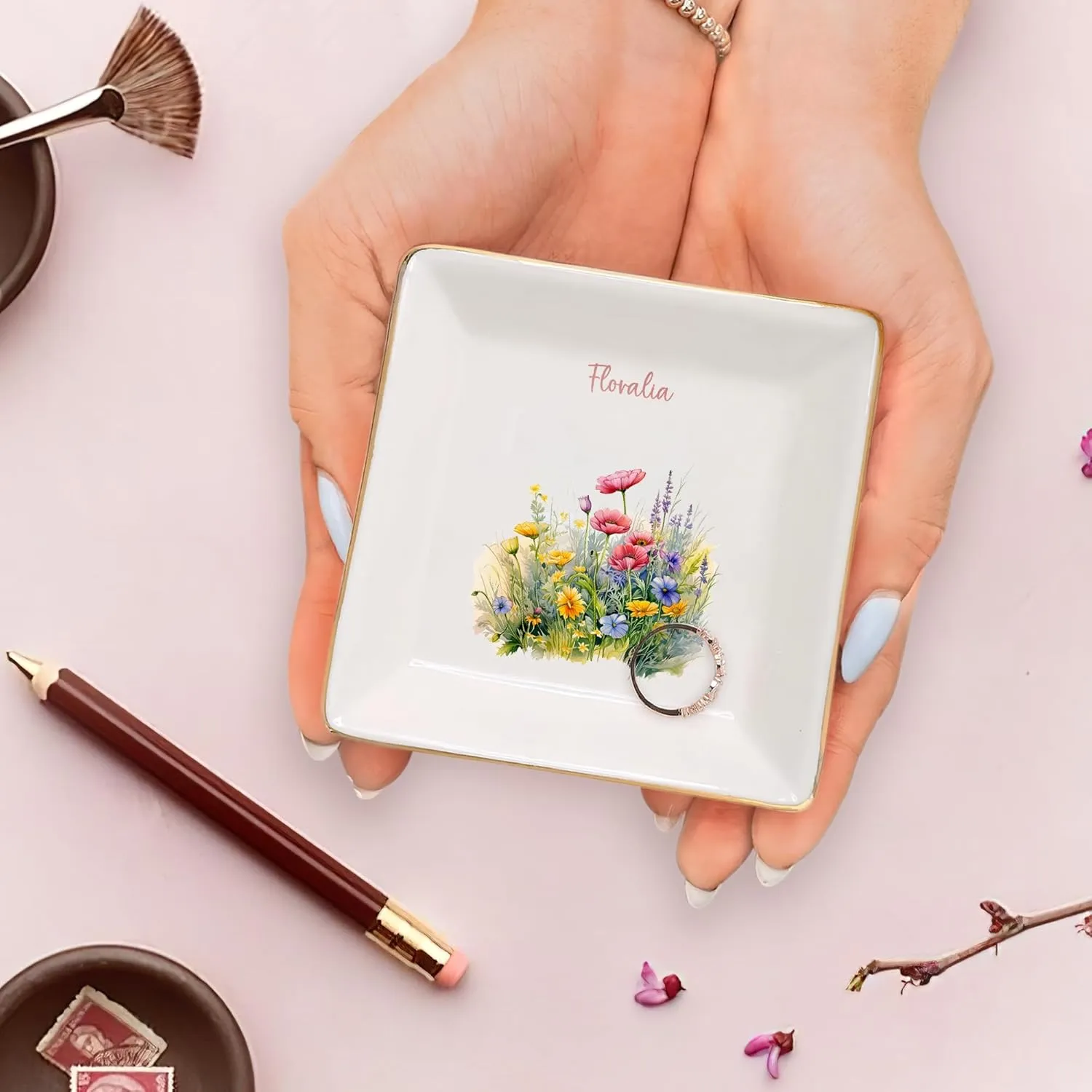 Ceramic Trinket Tray, Dish, Plate for Ring, Earring, Bracelet - Gift Mothers Day, Birthday, Christmas V2 Gossby Personalized Jewelry Tray - Gift for Women, Mom, Friend with Birth Month Flower, preside tundra receptive Name - 