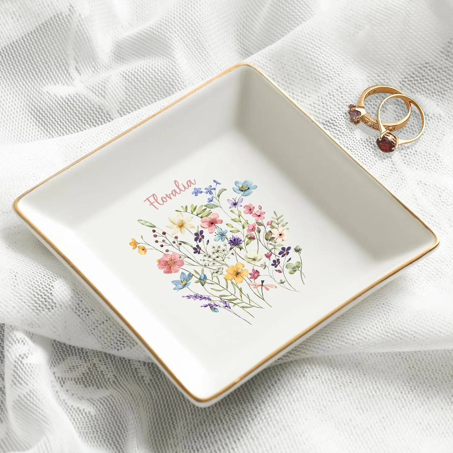 Ceramic Trinket Tray, Dish, Plate for Ring, Earring, Bracelet - Gift Mothers Day, Birthday, Christmas V2 Gossby Personalized Jewelry Tray - Gift for Women, Mom, Friend with Birth Month Flower, preside tundra receptive Name - 