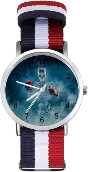 cheese Wrist Watch Adjustable Nylon Band Outdoor Sport Work Wristwatch Easy to Read Time Scary Fighter Skeleton Wearing Boxing Gloves 